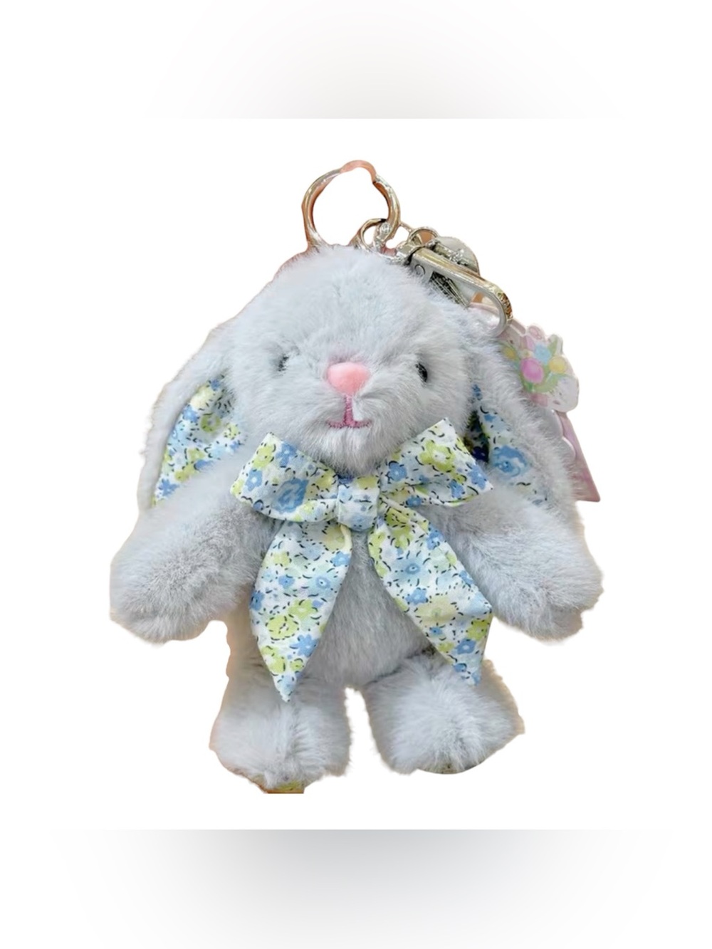 Plush Bunny Keychain with Floral Bow - Light Gray